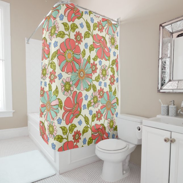 70's Pink Teal Retro Floral Shower Curtain (In Situ)