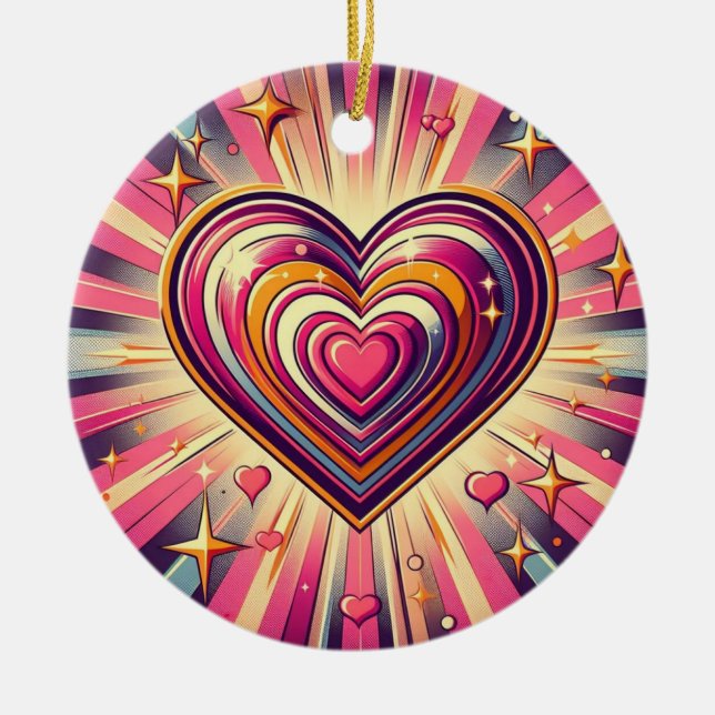 70s pop art heart/Valentines  Ceramic Tree Decoration (Front)