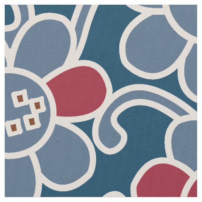 70's Popular Flower Navy And Red Fabric (Close Up)