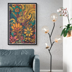 70s Psychedelic Flowers AI Art   Colourful Retro  Poster