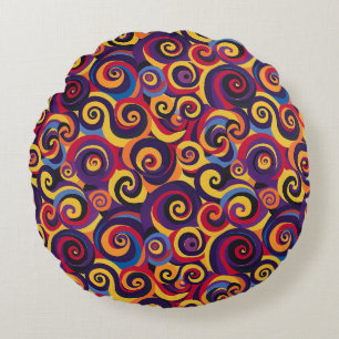 70s Psychedelic Retro Swirl Pattern   Bright Reds, Round Cushion