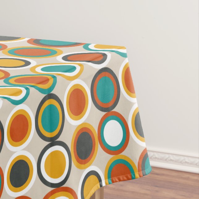 70s Retro Circles Pattern Orange Brown Teal Tablecloth (In Situ)
