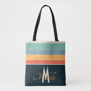 70s retro colorful Stripe initial names & monogram Tote Bag