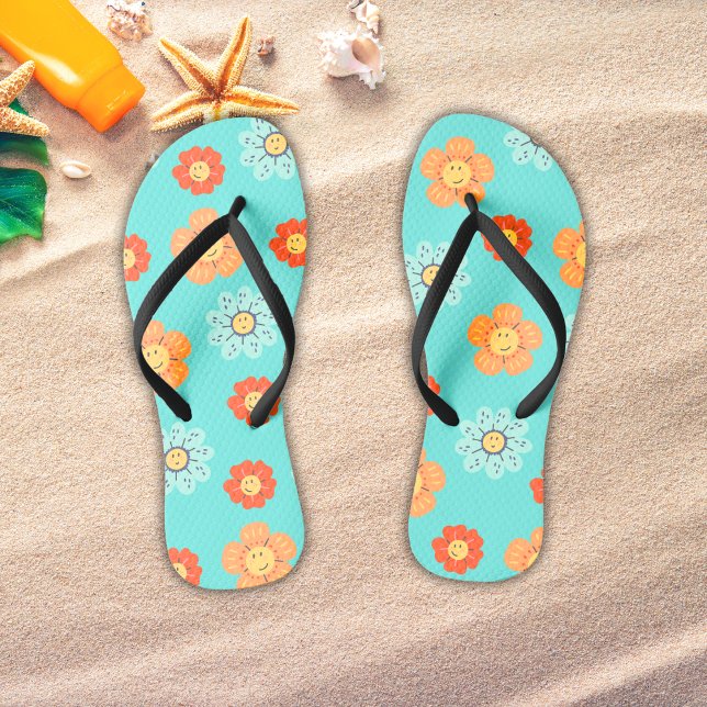 70s Retro Colourful Floral Daisies Flip Flops (Beach Flip Flops - Retro Floral Design. )