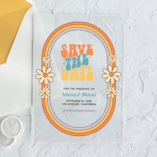 70s Retro Colourful Groovy Wedding Save the Date Acrylic Invitations (Creator Uploaded)