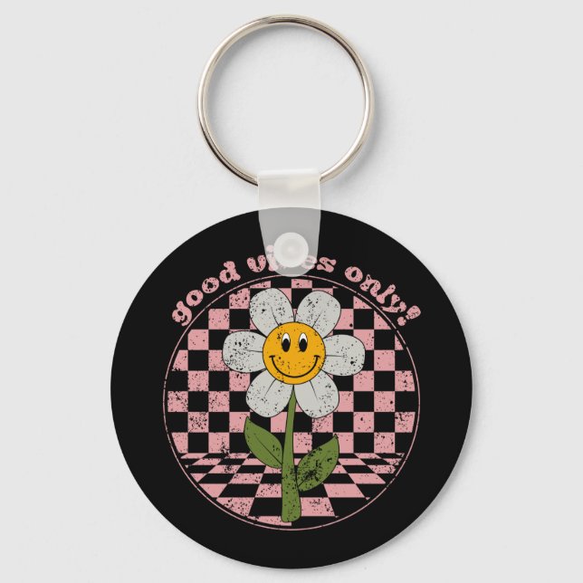 70's Retro Daisy | Good Vibes Only Key Ring (Front)