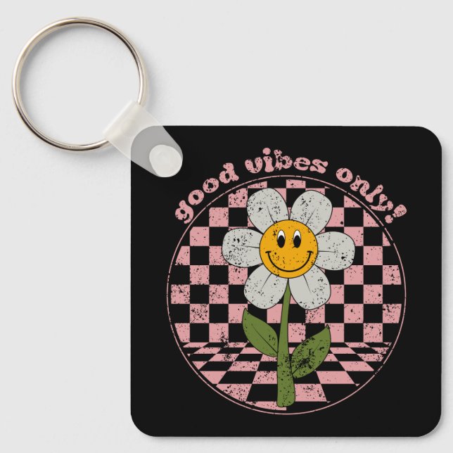 70's Retro Daisy | Good Vibes Only Key Ring (Front)