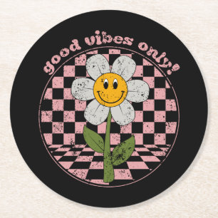 70's Retro Daisy   Good Vibes Only Round Paper Coaster