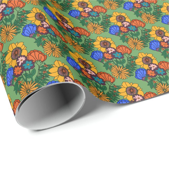 70s Retro Floral Green - Retro mid century modern  Wrapping Paper (Roll Corner)
