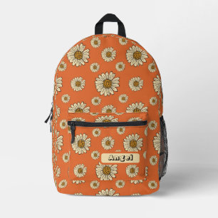 70s Retro Floral Oranga Pattern Custom Text Name Printed Backpack