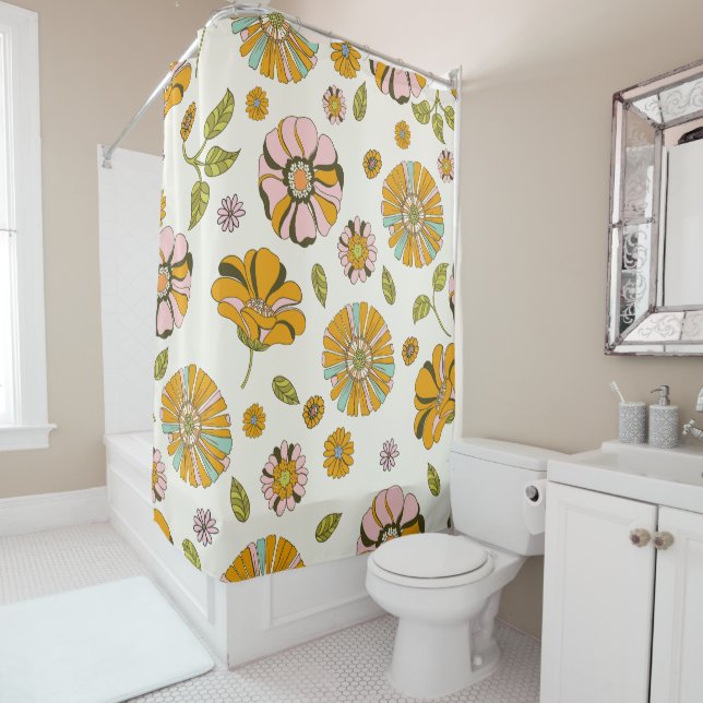 70s Retro Floral Pattern Shower Curtain (In Situ)