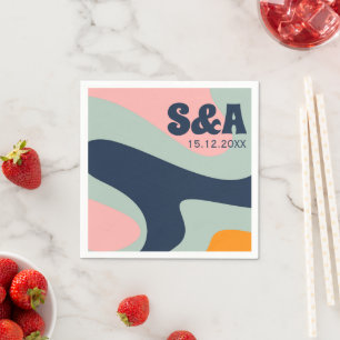 70s Retro Groovy Pastel Pink Blue Orange Wedding Napkin