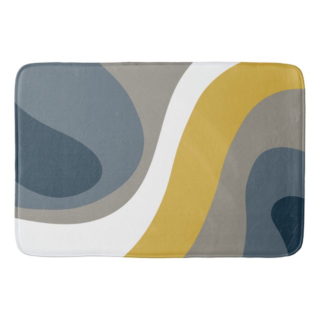 70s Retro Groovy Pattern Navy, Mustard, Grey Bath Mat (Front)