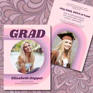 70s Retro Groovy Pink Arch Funky Photo Graduation  Invitation
