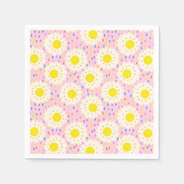 70s Retro Groovy Pink Daisy Floral Pattern Napkin (Front)