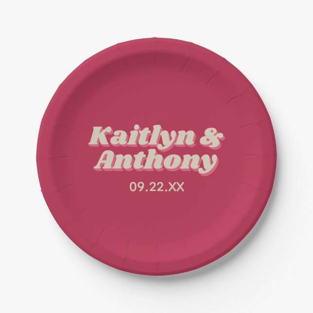 70's Retro Groovy Viva Magenta Wedding Paper Plate (Front)