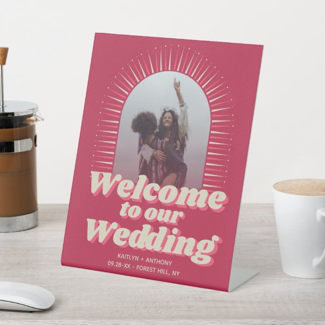 70's Retro Groovy Viva Magenta Wedding Welcome Pedestal Sign (In SItu)