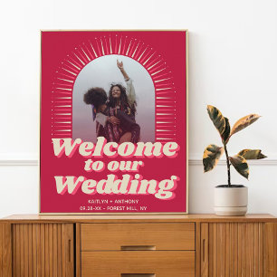 70's Retro Groovy Viva Magenta Wedding Welcome Poster