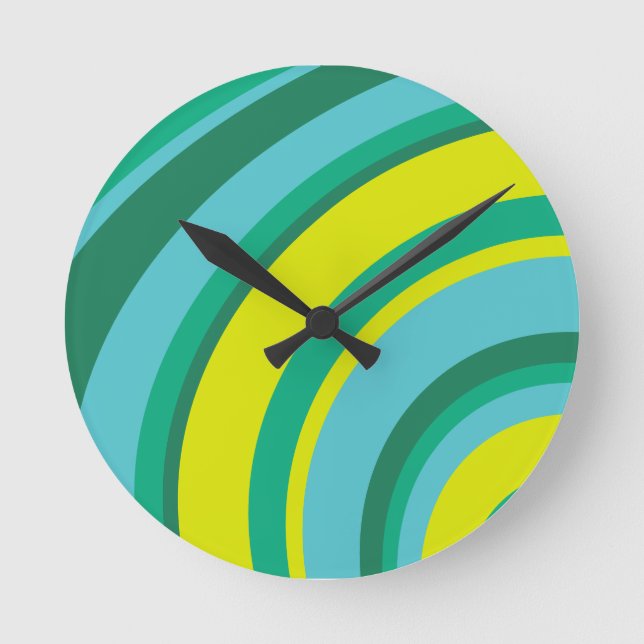 70s Retro Groovy Wave Rainbow Teal Green Yellow Round Clock (Front)
