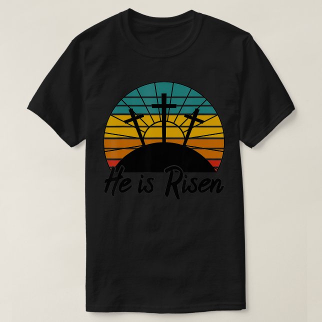 70s Retro He Is Risen Jesus Christian Cross Religi T-Shirt (Design Front)