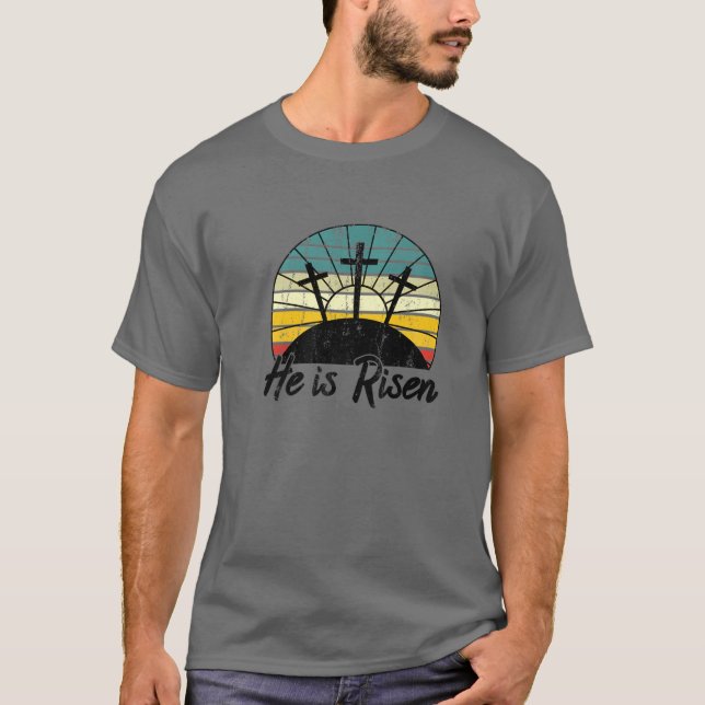 70S Retro He Is Risen Jesus Christian Cross Religi T-Shirt (Front)