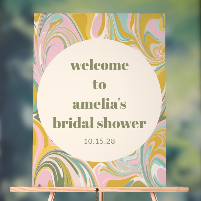 70s Retro Marble Swirl Pink Mustard Bridal Shower Acrylic Sign (Neutral)