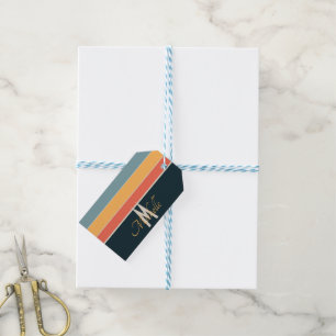 70s Retro Monogrammed Pink and Navy Blue Stripes Gift Tags
