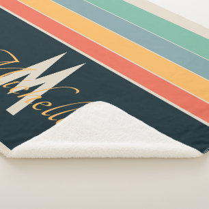 70s Retro Monogrammed Pink and Navy Blue Stripes Sherpa Blanket