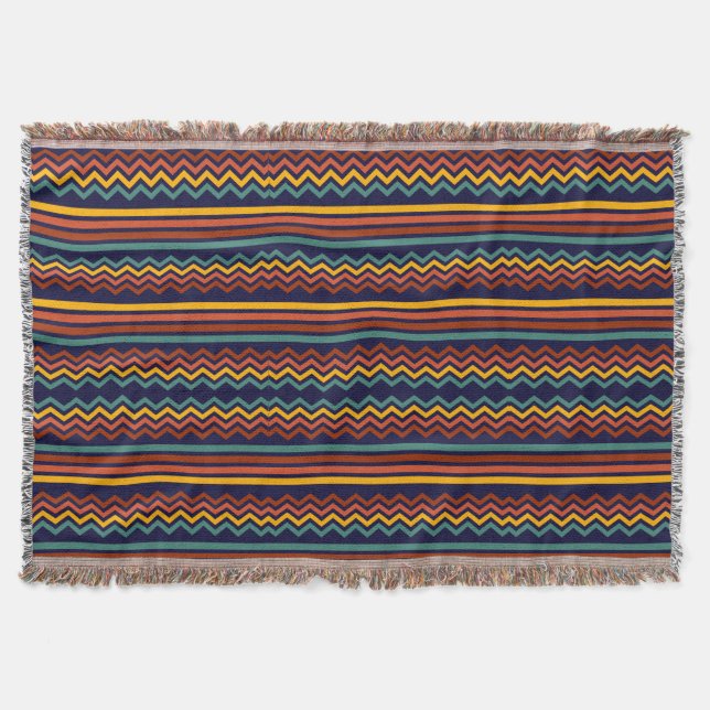 70s Retro Navy Blue and red Stripes & zigzag Throw Blanket (Front)