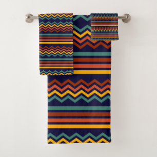 70s Retro Navy & Mustard Boho Chevron Stripes Bath Towel Set