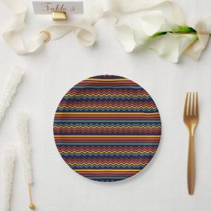 70s Retro Navy & Mustard Boho Chevron Stripes Paper Plate