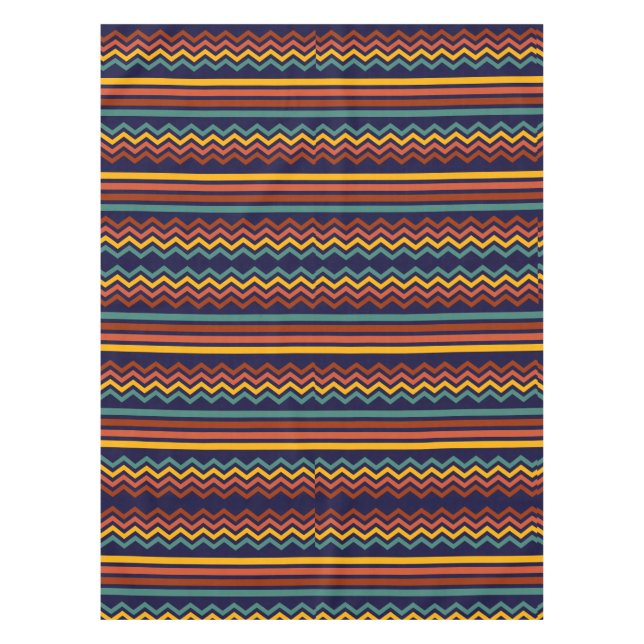 70s Retro Navy & Mustard Boho Chevron Stripes Tablecloth (Front)