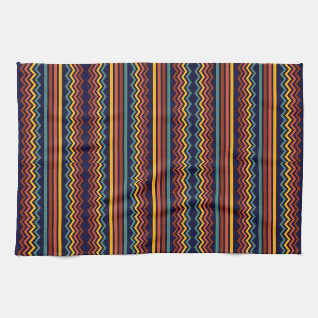 70s Retro Navy & Mustard Boho Chevron Stripes Tea Towel (Horizontal)