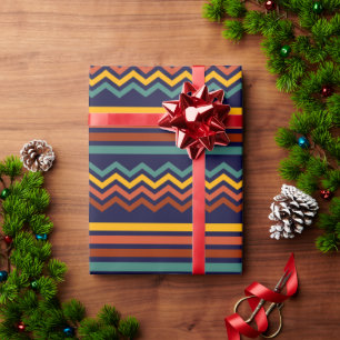 70s Retro Navy & Mustard Boho Chevron Stripes Wrapping Paper
