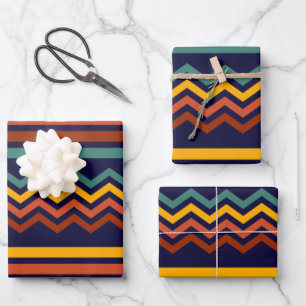 70s Retro Navy & Mustard Boho Chevron Stripes Wrapping Paper Sheet