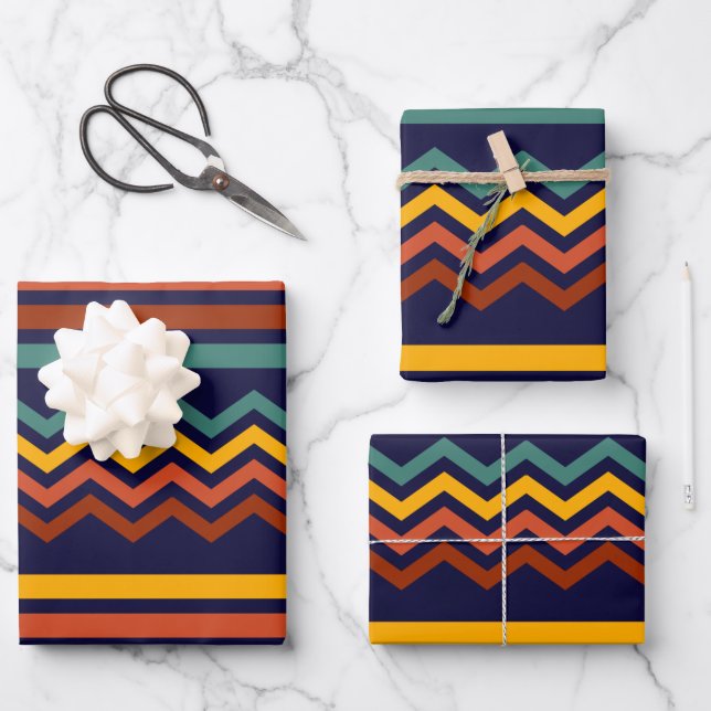70s Retro Navy & Mustard Boho Chevron Stripes Wrapping Paper Sheet (Front)