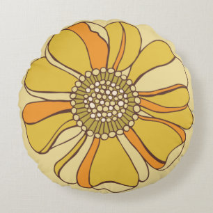70s Retro Orange & Gold Flower Round Cushion