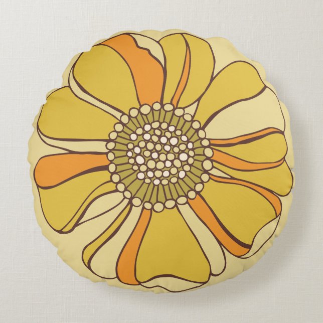 70s Retro Orange & Gold Flower Round Cushion (Front)