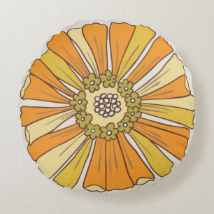 70s Retro Orange & Gold Flower Round Pillow