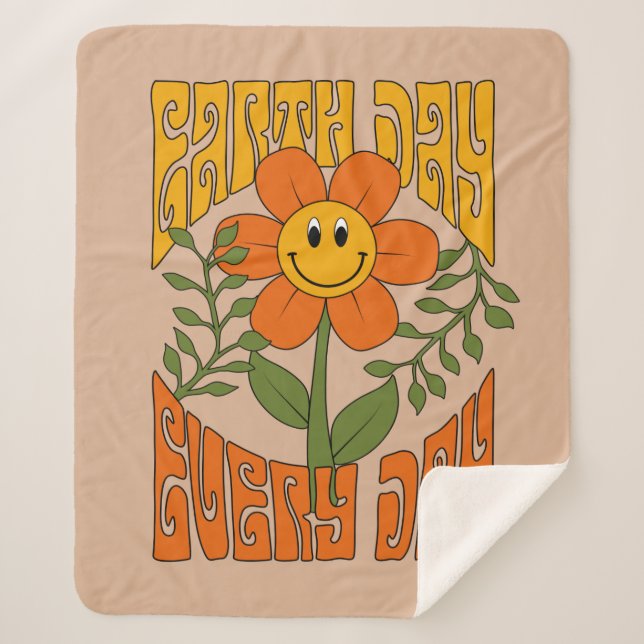 70's Retro Smiling Daisy Flower Sherpa Blanket (Front)