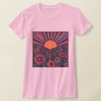 70s Retro Sunrise Flower Field Design T-shirt