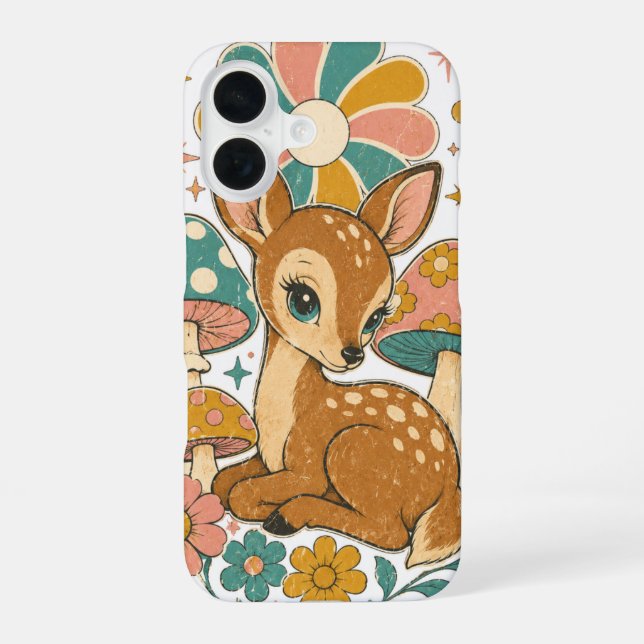 70s Retro Teal and Pink Fawn iPhone 16 Case (Back)