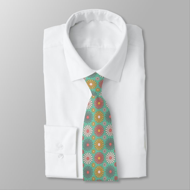 70s Retro Vintage Flowers on Teal  Tie (Tied)