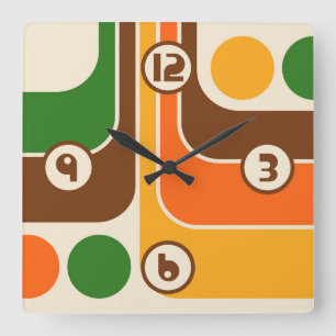 70s Retro Vintage Style Geometric Pattern Square Wall Clock