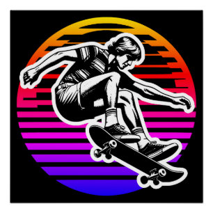 70's Skateboarder Colourful Sun Circle Poster