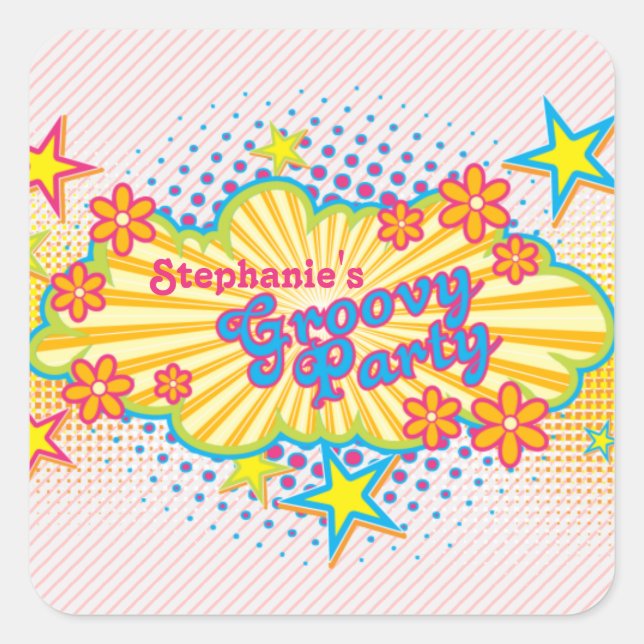 70s Theme Groovy Flower Power Personalised Party Square Sticker (Front)