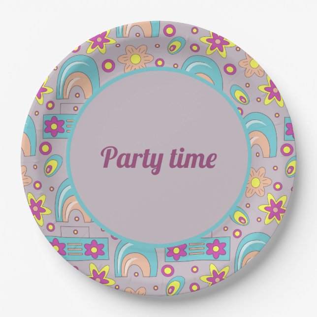 70's Vibes Teal Colour Summer Pattern  Paper Plate (Front)