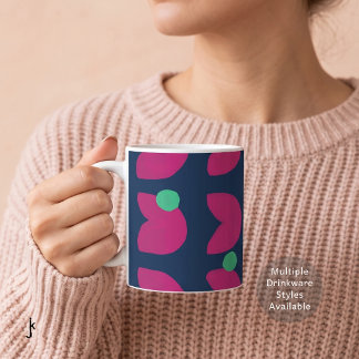 70s Vibrant Pink Tulip with Green Dots Deep Blue Coffee Mug