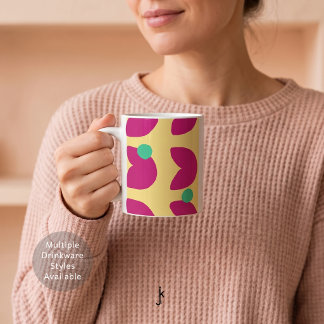 70s Vibrant Pink Tulip with Green Dots in Yellow Coffee Mug