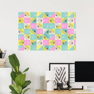 70s vintage Colourful chequered Flower pattern Poster